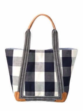 J.McLaughlin Caylin Plaid Canvas Tote Navy White Leather Trim Large Bag like new